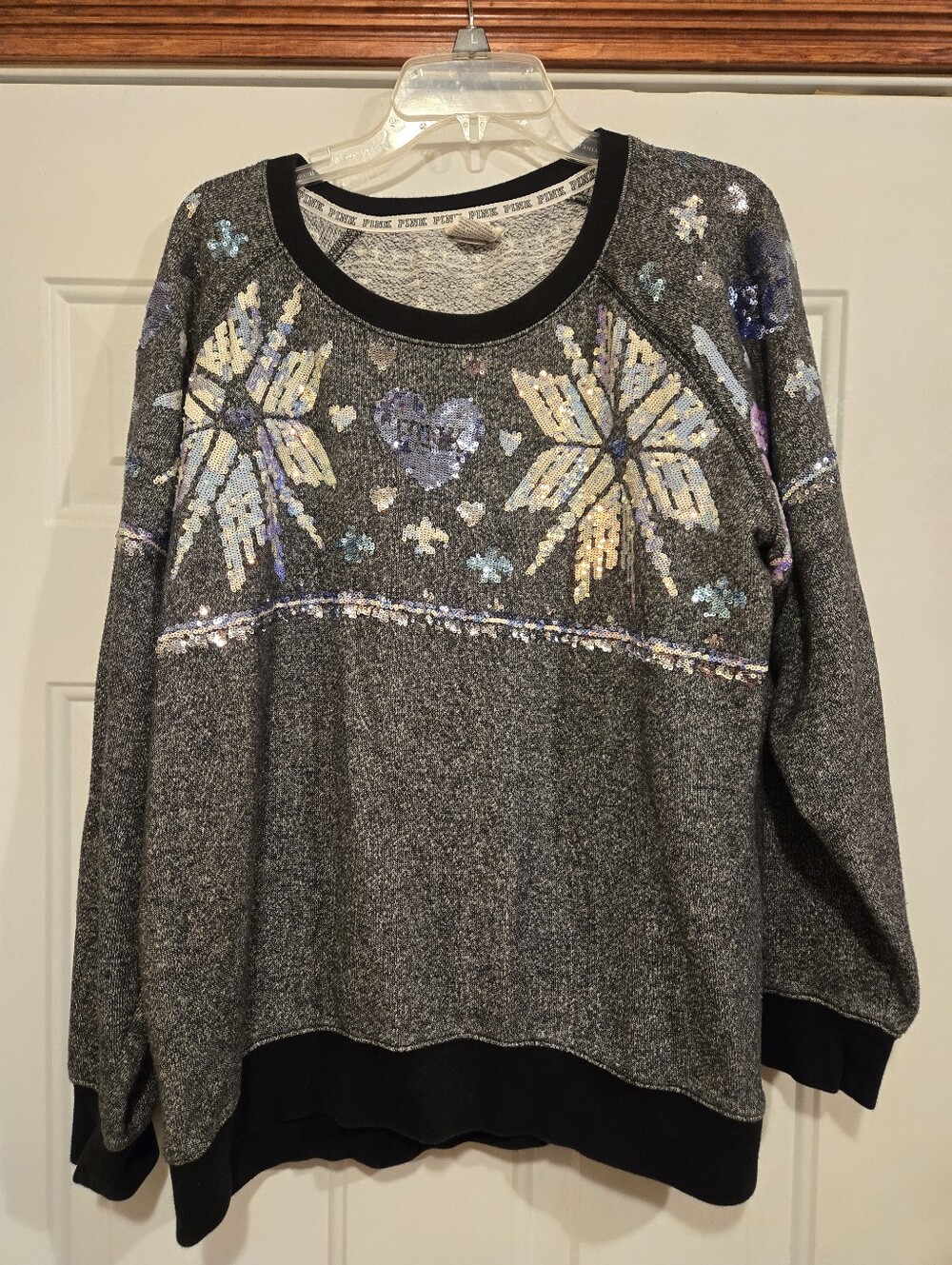 PINK Victoria's Secret Gray Multi Colored Sequin Snowflake Sweater Women's Large